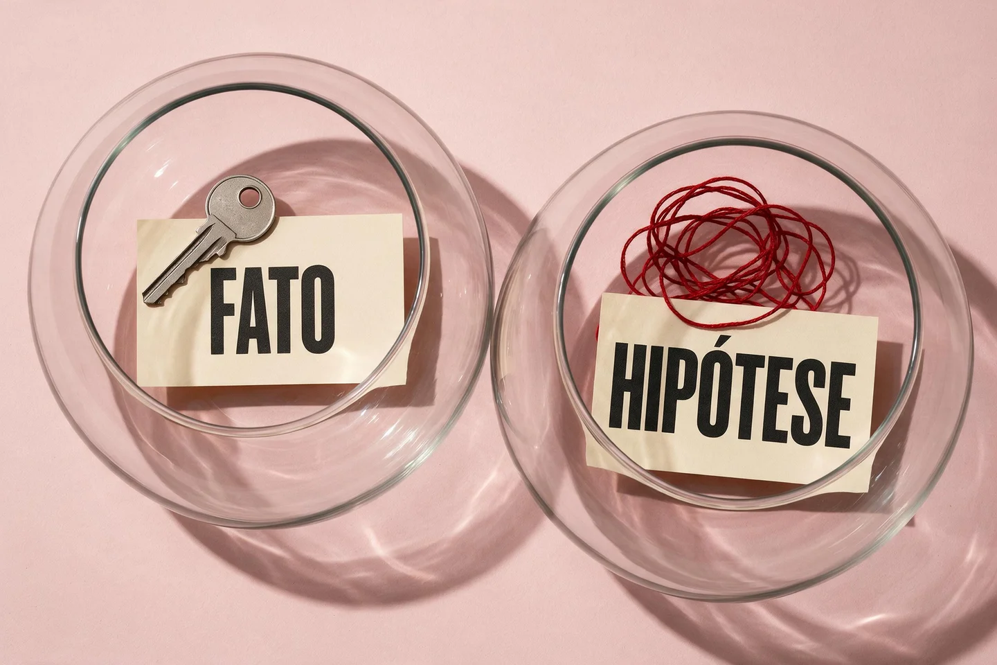 Dois recipientes vistos de cima separam uma chave e um fio emaranhado, com as palavras “Fato” e “Hipótese”.