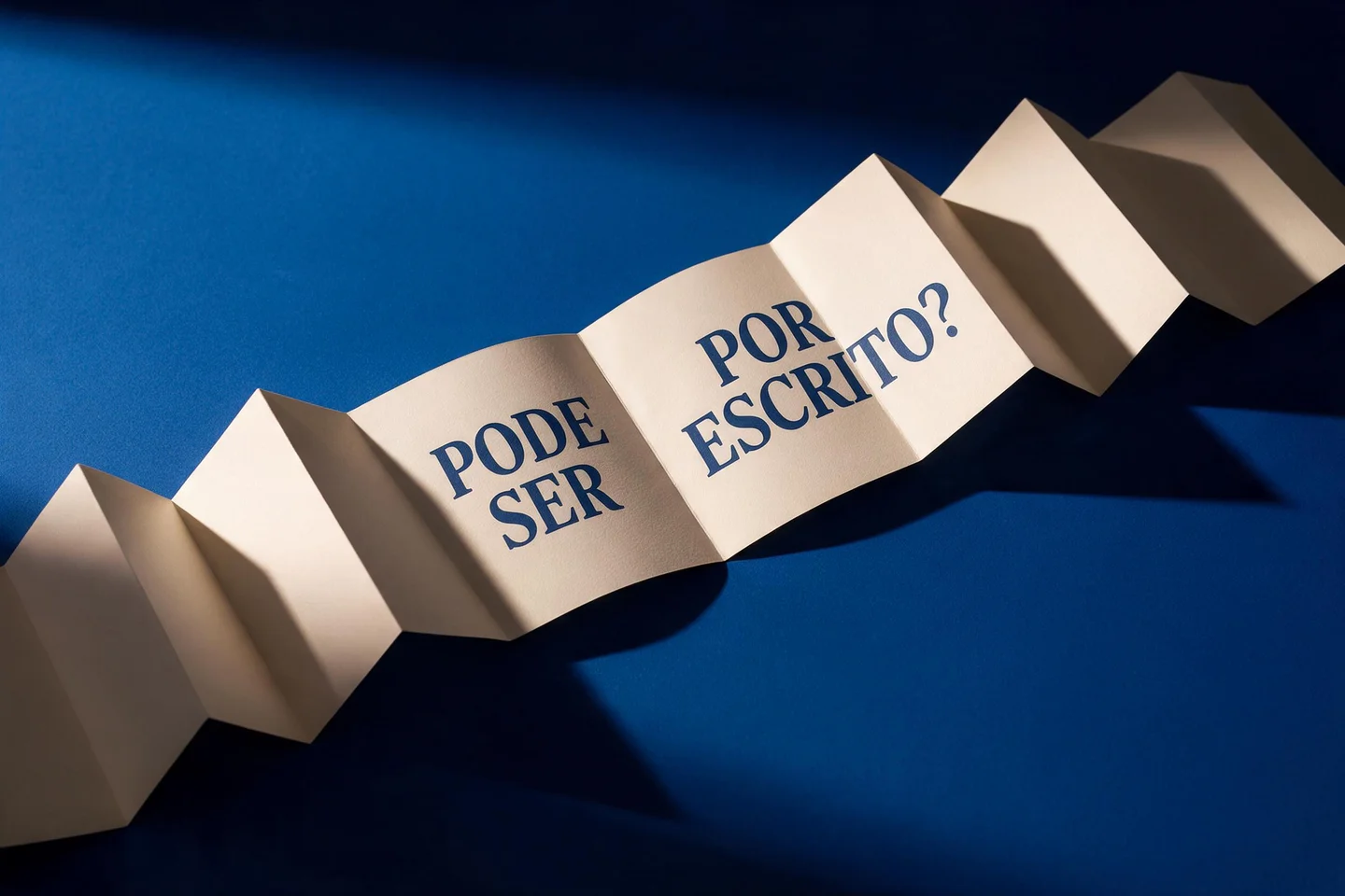 Papel dobrado em sanfona atravessa uma mesa azul e traz a pergunta “Pode ser por escrito?”.