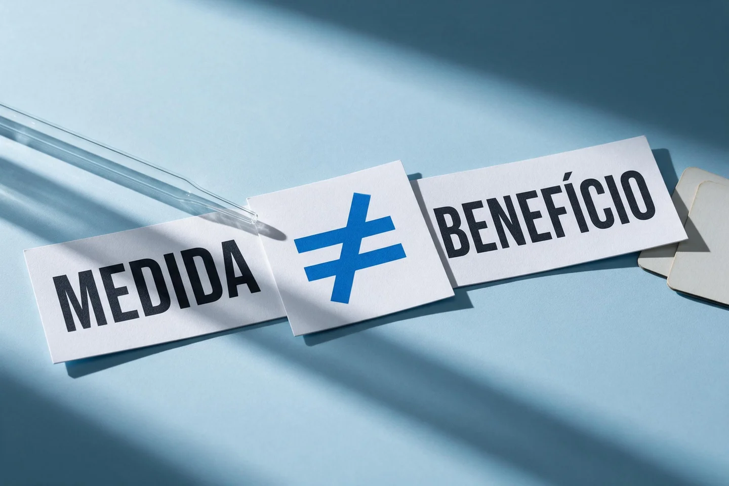Cartões fotografados formam “Medida ≠ benefício”, com uma pipeta e pequenos cartões em branco ao redor.