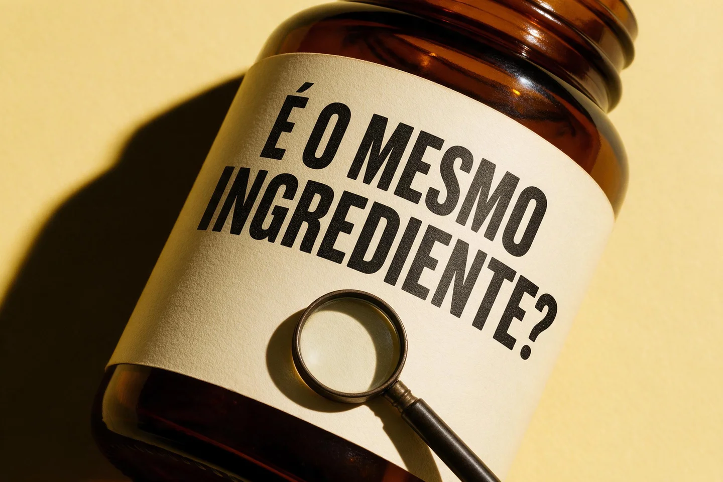 Close de um frasco âmbar genérico com lupa sobre um rótulo que pergunta “É o mesmo ingrediente?”.