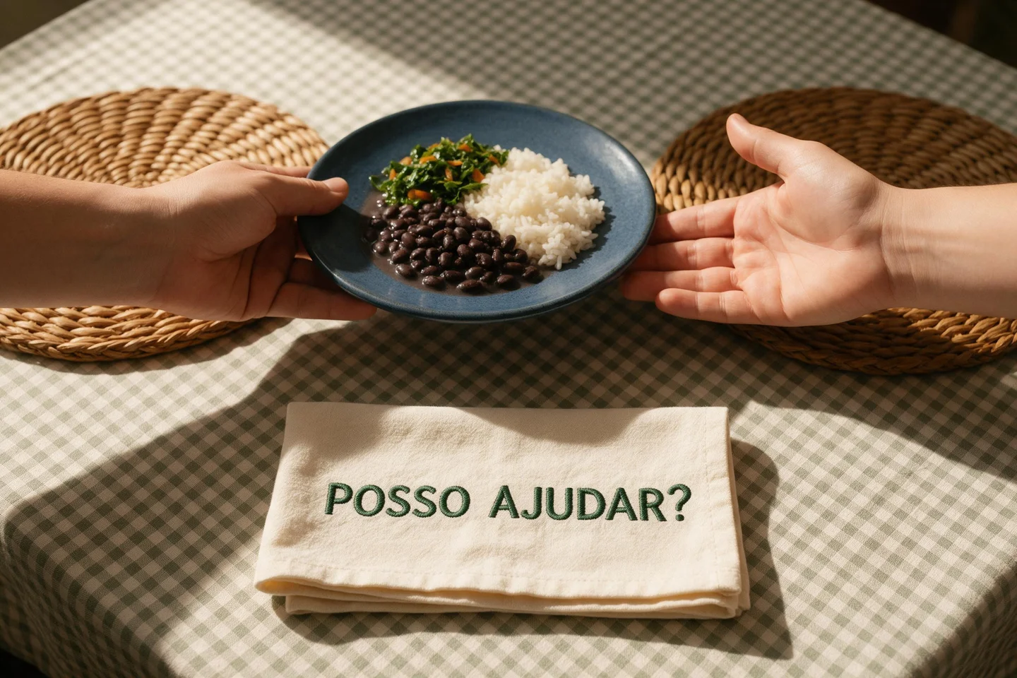 Vista de cima de mãos oferecendo uma refeição; o guardanapo traz “Posso ajudar?”.
