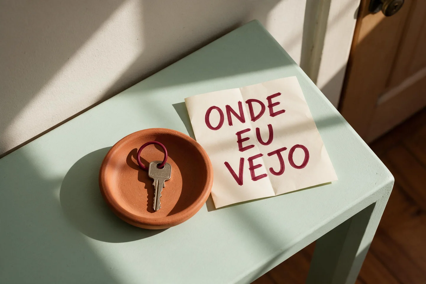 Bandeja de terracota com uma chave ao lado de um bilhete com “Onde eu vejo”, perto da porta.